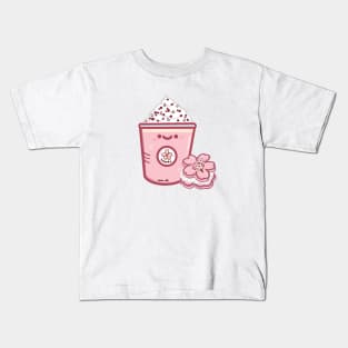 Kawaii Sakura frappuccino drink and macaron design sticker Kids T-Shirt